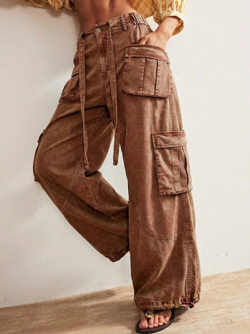 Brown Casual Women's Woven Loose Drawstring Waist Low-Rise Wide Leg Pants - Picture 10 of 10